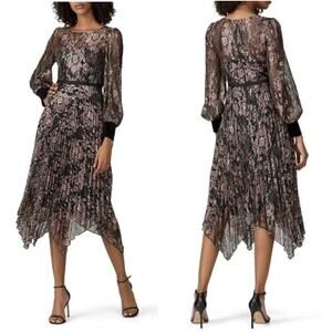Nissa Floral Asymmetric Hem Metallic Lace Pleated Dress Black Gold Womens US 2